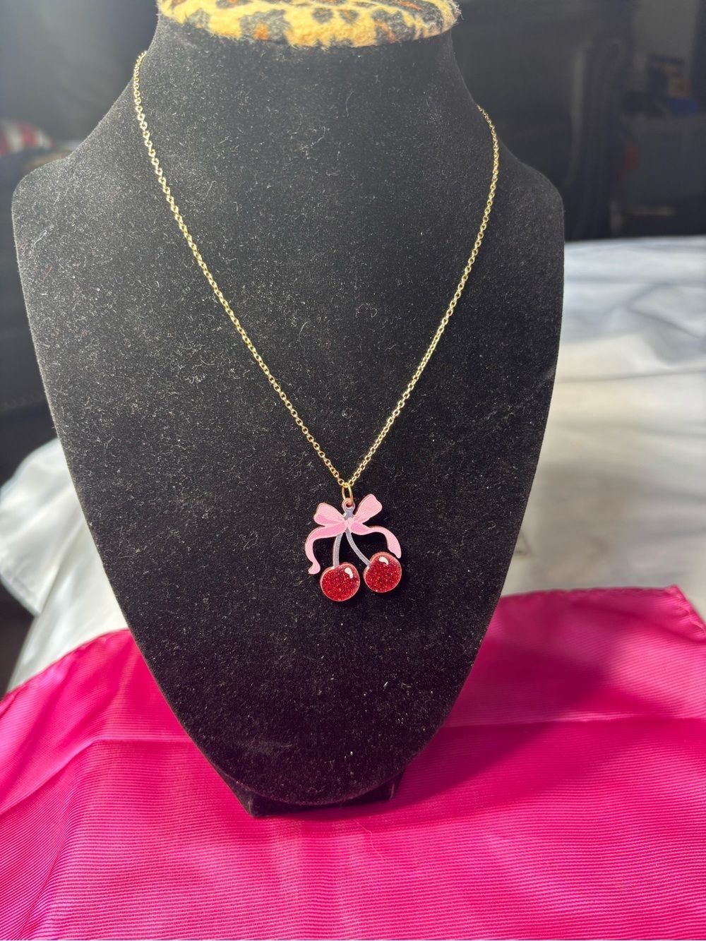 New Pink Bow Cherry Pendant Necklace - Gold Chain